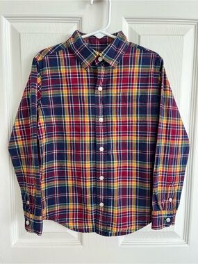 Janie and Jack Boys Plaid Button-Down Shirt in Fall tones Navy, Red, Yellow